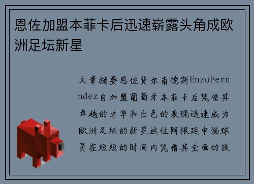 恩佐加盟本菲卡后迅速崭露头角成欧洲足坛新星 恩佐加盟本菲卡后迅速崭露头角成欧洲足坛新星